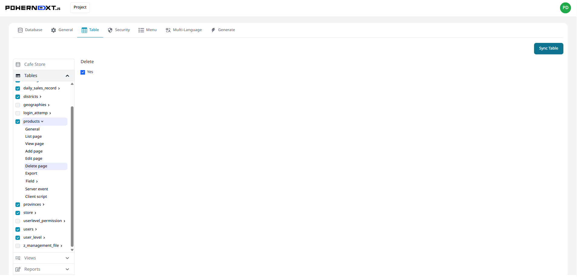 Table Delete Settings
