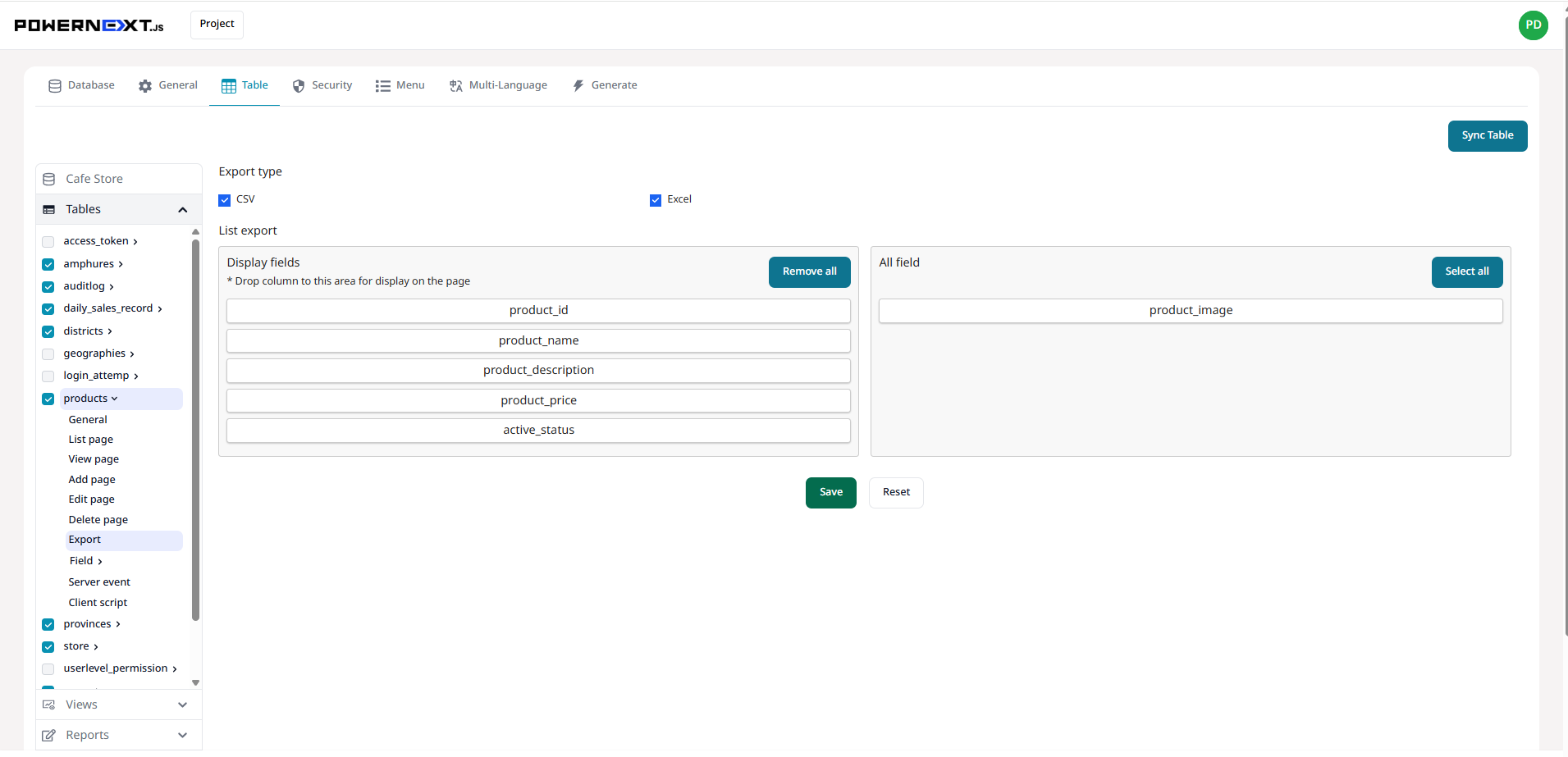 Table Export Settings