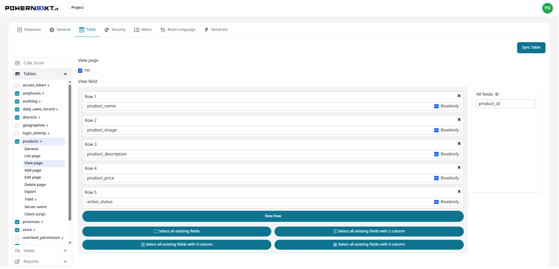 Table View Settings